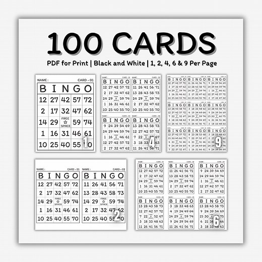 100 Bingo Cards | Printable Set | Black and White Edition | 1, 2, 4, 6, or 9 Cards per Page | Easy-to-print | New Inventory, No Repeats - Etsy