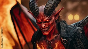 Terrifying red demon creature with large curved horns, glowing red eyes, sharp teeth, leathery wings, and flames rising in a dark setting