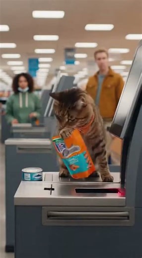 Cat Operating Self-Checkout Machine