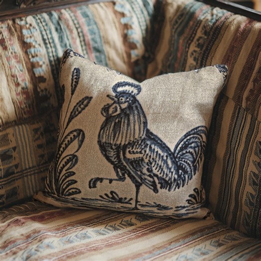 Primitive Blue Rooster Throw Pillow - Country Farmhouse Folk Art Cushion