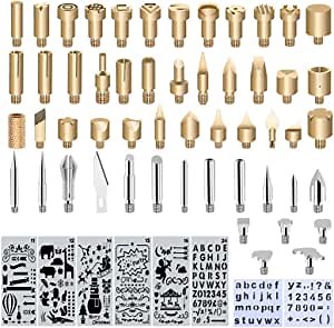 61 pcs Wood Burning Tips Set and Stencils, Pyrography Wood Burning Alphabet Numbers Symbols Stamps Set（ Include 53 Assorted/Carving/Embossing & Soldering Tips and 8 Stencils）