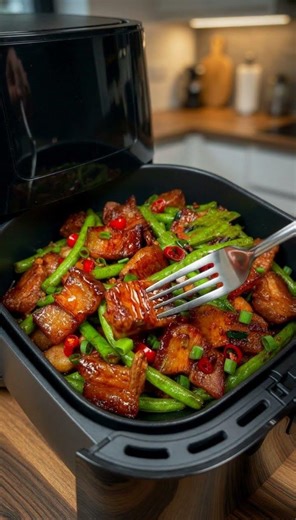 Crispy Air Fryer Pork Belly & Green Beans