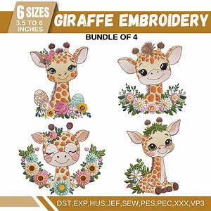 Floral Giraffe Embroidery Designs, Happy Animal Machine Embroidery, Baby Giraffe Embroidery, Forest Animal,pes DST 6 Sizes, Instant Download - Etsy