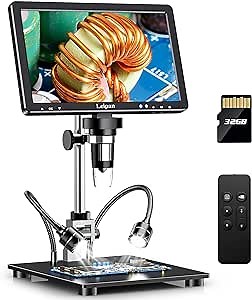 DM12 Digital Soldering Microscope 2000X, 10.1" Coin Microscope with 32GB TF Card, HDMI Connection for Adults,10 Lights,PC/TV Compatible