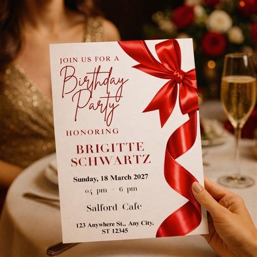 Red Bow Birthday Invitation | Red & White Party Invite | Canva Editable Template | Birthday Party Invite | Invitation Download - Etsy