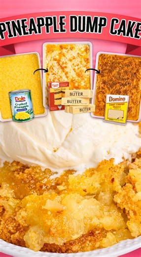 🍰 Pineapple Dump Cake Ingredients 2 cans (20 oz each) crushed pineapple, do not drain 1 cup granulated sugar 1 box yellow cake mix ¾ cup unsalted butter, sliced thin Optional: chopped nuts or shredded coconut Instructions Preheat oven to 350°F (175°C). Pour crushed pineapple (with juice) into a greased 9×13 baking dish. Sprinkle sugar evenly over the pineapple. Spread dry cake mix evenly over the top (don’t stir). Arrange butter slices evenly over the cake mix. Bake 45–50 minutes, until bubbly 