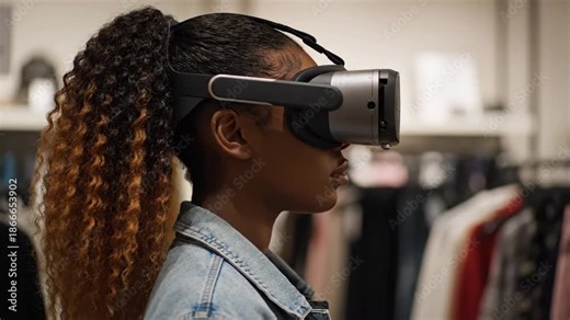 Young woman wears a VR headset in a clothing store enhancing her shopping experience with virtual reality technology and retail innovation in retail.