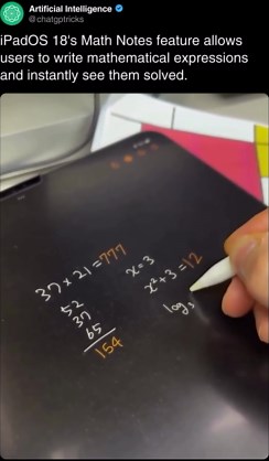 Artificial Intelligence (AI) • ChatGPT on Instagram: "Apple’s latest iPadOS 18 brings a powerful new feature called Math Notes, designed to simplify mathematical problem-solving directly on iPads. Math Notes allows users to handwrite mathematical expressions, equations and functions directly on their iPads using an Apple Pencil. The tool instantly solves these expressions in real-time. Apple’s Math Notes in iPadOS 18 represents a significant advancement in using digital tools for mathematical ta
