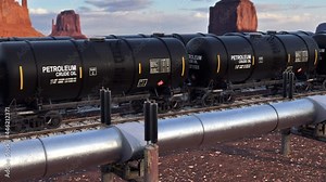 Fossil fuel transportation via railway and gas pipeline. Freight train with oil tank wagons slowly moving on the rails. Natural liquid gas transports to the lng tank by the gas main, 3d animation.