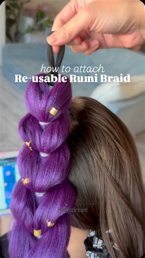 Sarah💙 on Instagram: "Best of luck to anyone re-creating Rumi’s braid this year! This is the method I chose for attaching this re-usable Rumi braid. Comment RUMI for a link to the hair extensions we used by @gozillhairbeauty 💜 #rumi #rumibraid #girlmom #kpopdemonhunters #kpopdemonhunterssingalong #kpdh #hairhowto #hairhack #busymomhack #hairtutorial"
