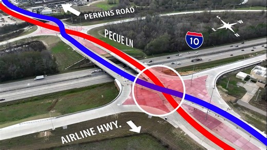 BATON ROUGE, LA- DOTD announces that Pecue Lane and the new diverging diamond interchange (DDI) at I-10 will open to the public Monday, January 12 as part of the Pecue Lane/I-10 Interchange project. Northbound Pecue Lane will open with both lanes available to traffic. Southbound Pecue Lane will also open, with one lane available until final striping is completed. The I-10 on-and off- ramps at Pecue Lane are expected to open in the coming weeks. DOTD encourages motorists to familiarize themselves