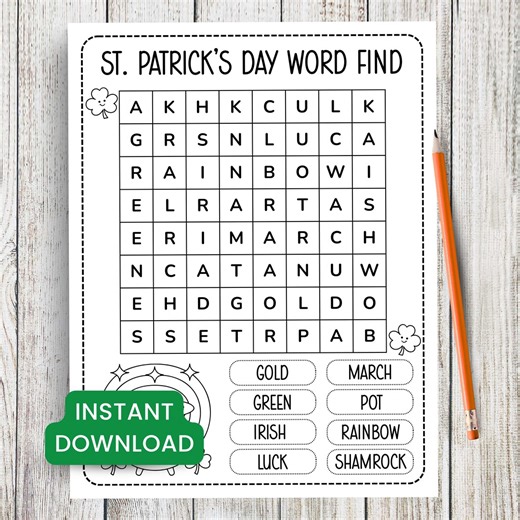 St. Patrick’s Day Word Find, Word Search Printable, Activity for Kids, Classroom Party, Indoor Kids Party, Family Game Night - Etsy