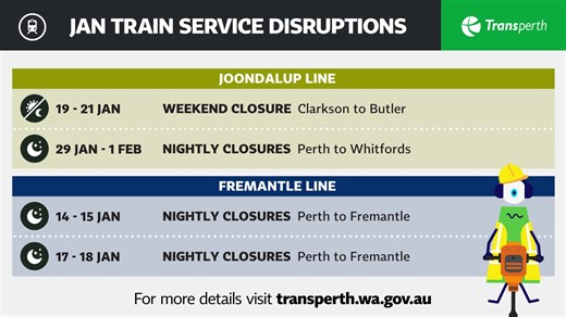 TRAIN SERVICE CHANGES | There are a handful of scheduled train service disruptions to be aware of in January, with weekend closures scheduled on the Joondalup Line and nightly closures on Joondalup, Fremantle and Airport. Be aware the Armadale/Thornlie Line is now shut until mid-2025 🚧 🚉 ￼ Claisebrook and McIver Stations may also experience additional disruptions due to events at Optus Stadium. Visit the Disruptions Calendar on our website for more information: https://www.transperth.wa.gov.au