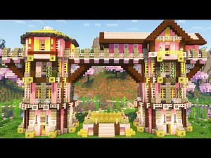 How to build Cherry Blossom Bridge House - Minecraft tutorial