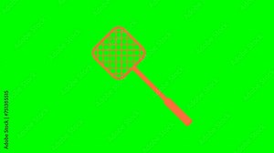 Flyswatter. Fly swatter insect killer destroy plastic tool with a handle. Fly swatter flat icon. Pest exterminator flapper flying bug swat aggressive. Isolated on green. 2d animation. Alpha channel