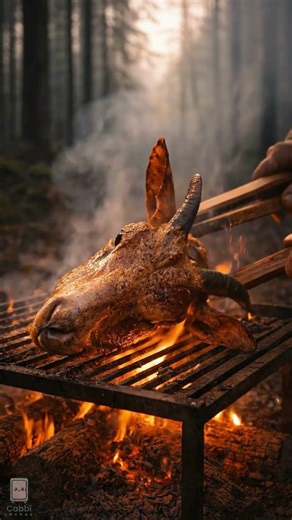 Goat Head Slow Roast Over Open Fire | Kitchen in Forest