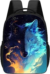 KOYI Galaxy Wolf Backpack Ice and Fire Wolf School Backpack, Cool Wolf Backpack for Kids, 16 Inch Kids Backpacks for Kindergarten, Elementary School Boys and Girls with Padded Straps, Blue Orange