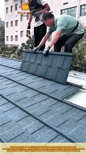 Worker Installing Modular Roof Panels with Interlocking System