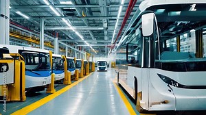 A modern bus manufacturing workshop with multiple electric buses on the production line. The industrial setting is well-lit and organized, highlighting the advanced technology and assembly process