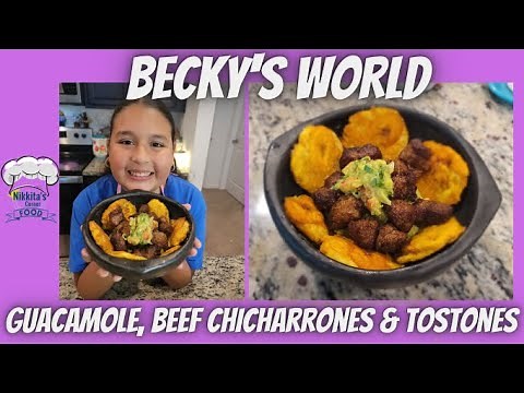 Fried Beef Chunks with Guac and Tostones / Chicharron de carne de res con guacamole y Tostones