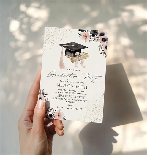 Pink Bow Graduation Party Invitation Canva Template Floral Pink Graduation Invitation Pink and Gold Graduation Announcement Invite EDITABLE - Etsy