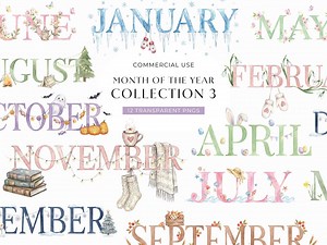 Months of Year Clipart, Watercolor Monthly Word Clip Art, Calendar Graphics, for Digital Planner Stickers, Birthday Month Commercial Use PNG - Etsy