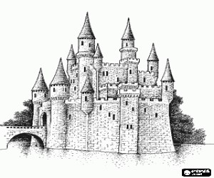 Un castillo rodeado de agua para colorear, pintar e imprimir