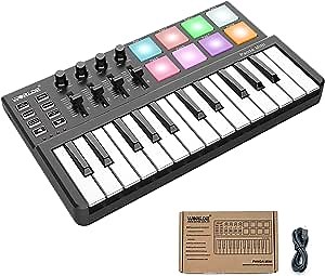 Midi Controller,25 Keys USB Midi Keyboard Controller with 8 Drum Pad Beat Maker，LIEKE PANDA MINI