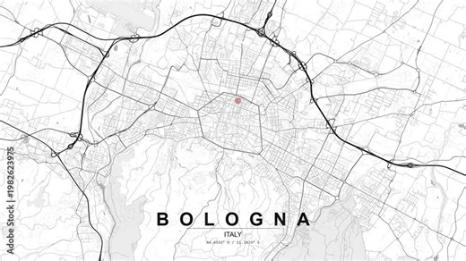 Monochrome map of Bologna, Italy showing detailed street grid and surrounding road network with a red location pin marking a point in the urban area.