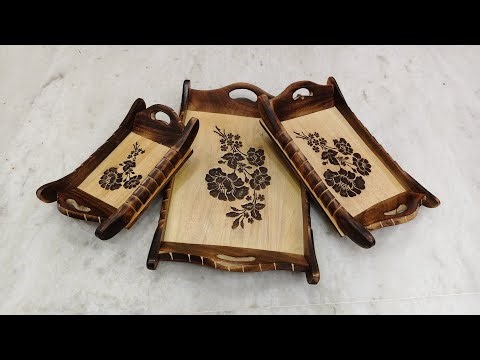 Handcrafted Mango Wood Serving Tray Set of 3 | Floral Engraved | Ace Wood Crafts