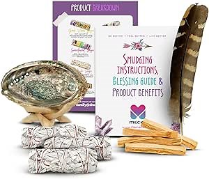 MECKA Beginner's Smudge Kit Gift Set - 3 California White Sage, 4 Palo Santo Sticks, Abalone Shell & Stand, Feather + Smudging Instructions, Blessing Guide | Beginner House Cleansing Gift Set