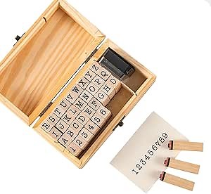 Mini Wooden Rubber Stamps-Alphabet and Number Rubber Stamps for Card Making with Black Ink Pad and Wooden Box Set