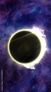 Vertical Eclipse Purple Space and Solar Flares 4K features a sun with solar flares and a darkened moon covering it for a full solar eclipse with a colorful purple space background in a vertical ratio.