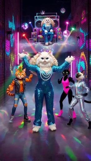 Glam Meow owns the neon alley with sassy struts and crew unity, crowning the boombox in shimmering g