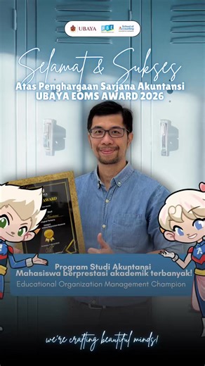 🎉 KABAR BANGGA DARI PRODI AKUNTANSI UBAYA! 🎉 Rabu, 11 Maret 2026 kemarin, Akuntansi berhasil meraih penghargaan UBAYA EOMS 2026 dalam kategori Mahasiswa Berprestasi Akademik Tertinggi! 🏆✨ Prestasi ini adalah bukti dedikasi mahasiswa dan dosen dalam menjaga kualitas akademik yang unggul. Selamat kepada para achievers! Kalian inspirasi kami semua! 💪📚 👉 Jangan lupa kunjungi website kami: 🔗 akuntansiubaya.id ⭐️ Daftar @ubayaofficial https://daftar.ubaya.ac.id/2026/ #AkuntansiUBAYA #UBAYAEOMS2