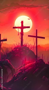 Good friday - Three cross crucifix on mountain and orange green sky and sunshine texture background vector design 4K Video