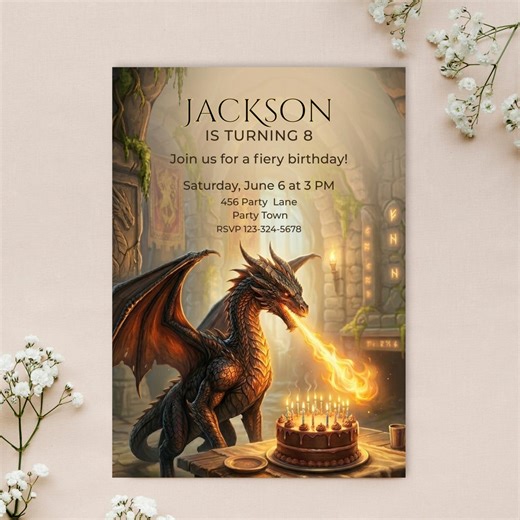 Dragon Birthday Invitation, Editable Canva Template for Boys, Fantasy Fire Party Invite, Magical Dragon Design, Digital Download