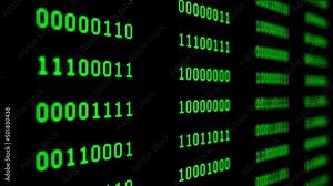 Abstract binary code background with green digits moving up the screen. Data, code, decryption and encoding concepts. Seamless loopable background.