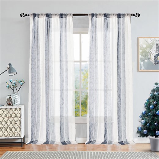 Uptown Home Navy Blue and White Boucle Linen Stripe Country Style Curtain for Living Room Semi Sheer Rod Pocket Dining Room Window Curtain Panels, 50"x 63"x2