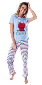 Peanuts Womens' Snoopy Happiness is Sleeping In Short-Sleeve Shirt Pajama Pant 2PC Set Lounge Sleepwear