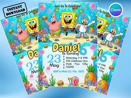 Sponge Cartoon Birthday Invitation, Under the Sea Kids Party Invite (digital Download) - Etsy