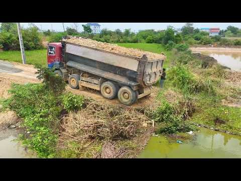 Amazing First New Work Hard!! Dump Truck Loading Soil With Bulldozer Operation pushing clearing