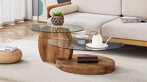 Modern Glass Coffee Table, Round Oval Coffee Table with 3 Tier Storage Space, Tempered Glass Top & Wooden Base, Living Room Center Table for Small Spaces