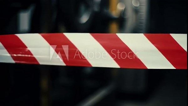 Red and white striped caution tape stretches across the frame, indicating danger or restricted access in an industrial setting. Stock-Video