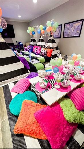 Happy Campers | Glamping Parties & Picnics on Instagram: "We’re just out here starting 2026 with a GLOW!✨ p.s. adding a spa table to your sleepover is always a hit! 💅 . . . #teepeesleepover #teepeeparty #kidspartyideas Glow, glow party, Kansas City"