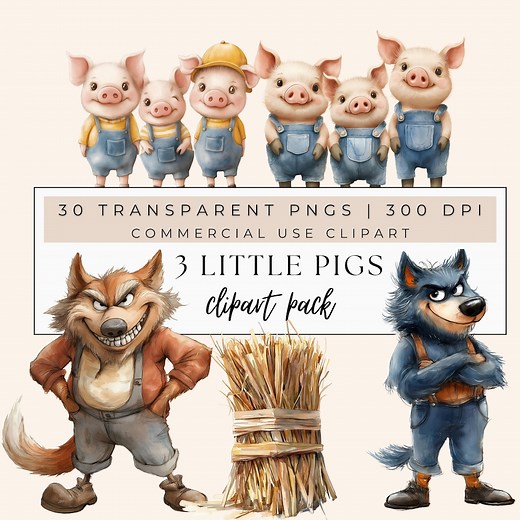 Three Little Pigs Clipart , Cute Piglet, Big Bad Wolf, Fairy Tale Illustrations, Little Pigs Clipart, Big Bad Wolf, Cute Pig, Nursery Rhyme - Etsy