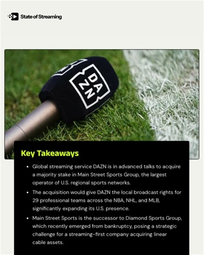 State of Streaming Cliff Notes DAZN is in advanced talks to acquire a majority stake in Main Stree