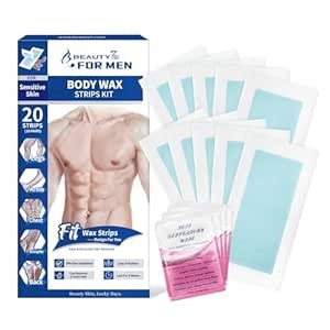 Beauty7 Men Wax Strips for Body, Ready to Use Waxing Strips, Facial Hair Removal Wax, Legs Arms Chest At Home Waxing, 20 Waxing Strip 4 Calming Oil Wipes