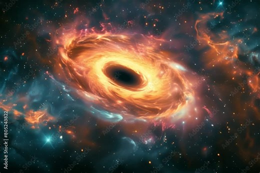 Galaxy deep space portraying a distant black hole surrounded by a halo of vibrant cosmic gases