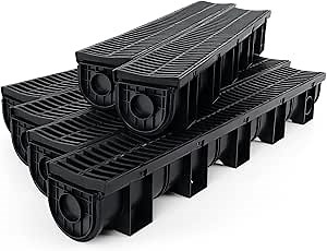 Trench Drain System, Channel Drain with Plastic Grate, 5.9x5.1-Inch HDPE Drainage Trench, Black Plastic Garage and GardenDrain, 6x39 Trench Drain Grate, with 6 End Caps,Convenient Assembly（6 Pack）